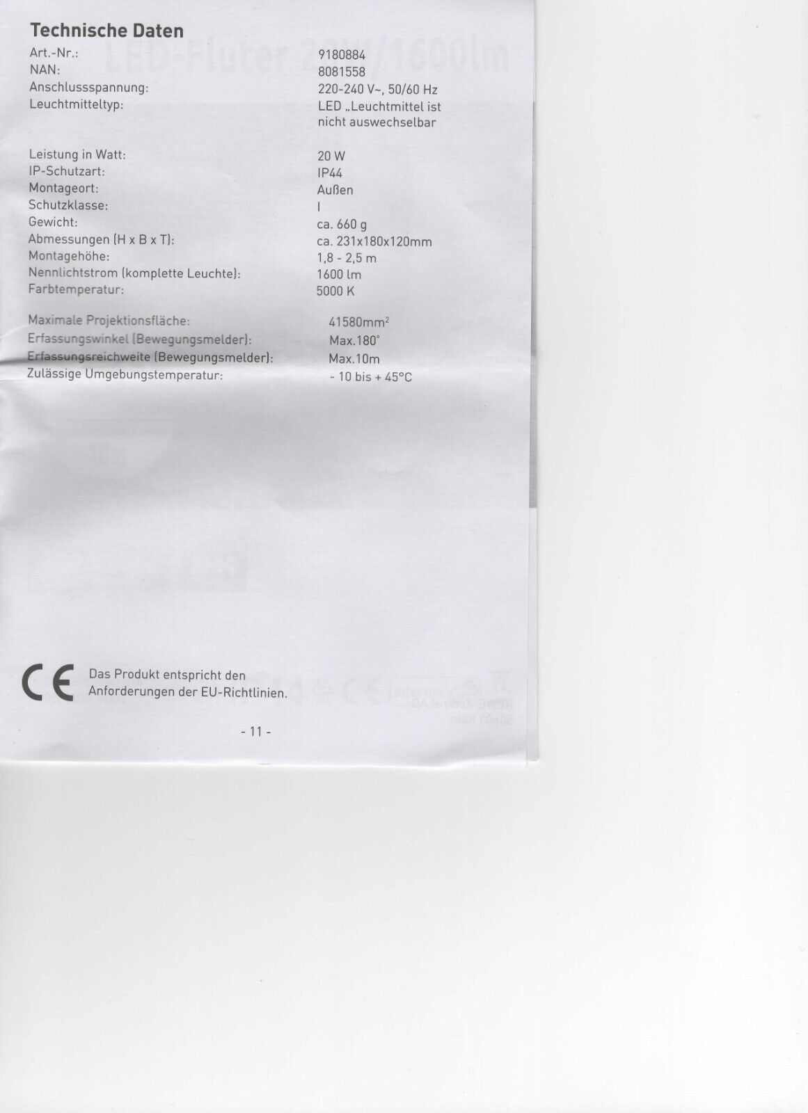 LED Fluter Bewegungsmelder 20W 1600lm Außenleuchte 180° Strahler neutral 5000K