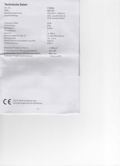 LED Fluter Bewegungsmelder 20W 1600lm Außenleuchte 180° Strahler neutral 5000K